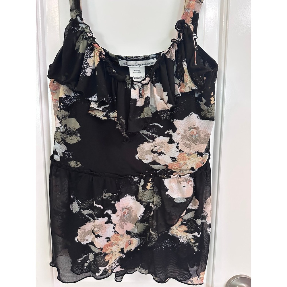 American Rag Black Floral Sleeveless Top, Size Large